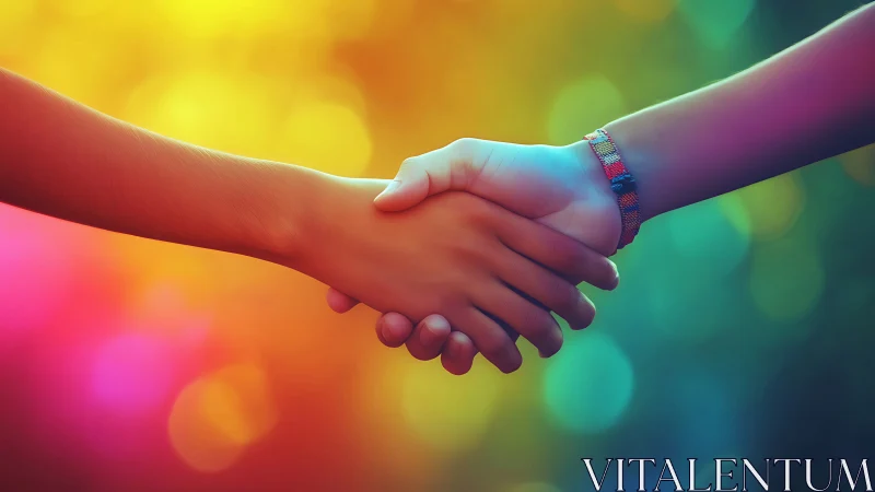 Two hands are shown in a handshake against a colored backdrop