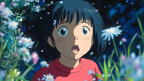 Anime girl surprised among glowing wildflowers at night.