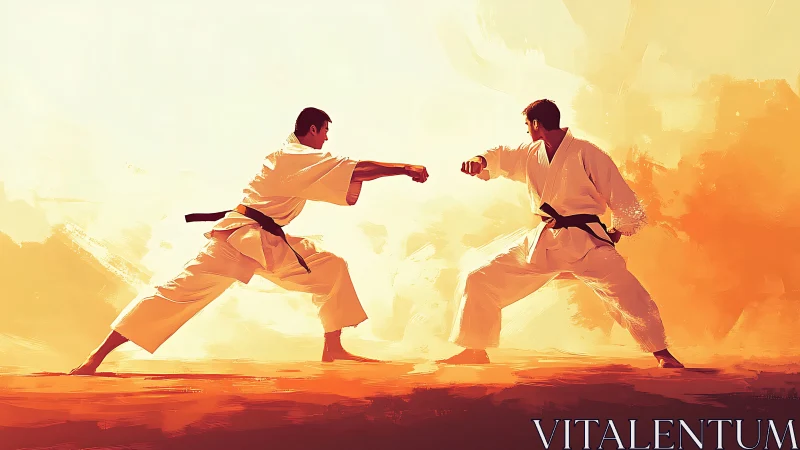 Dynamic karate duel in sunlit minimalist digital painting.