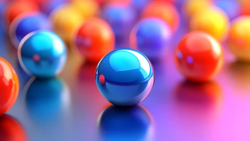 Vibrant glossy spheres glow on a colorful reflective surface
