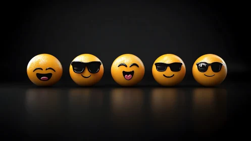 Glossy emoji spheres with sunglasses on reflective black.