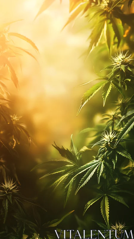Sunlit cannabis leaves glow warmly in soft golden haze
