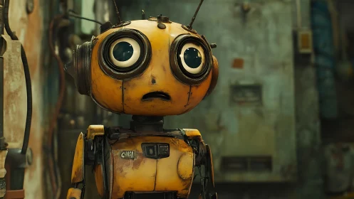 Yellow service robot with large eyes in worn workshop.