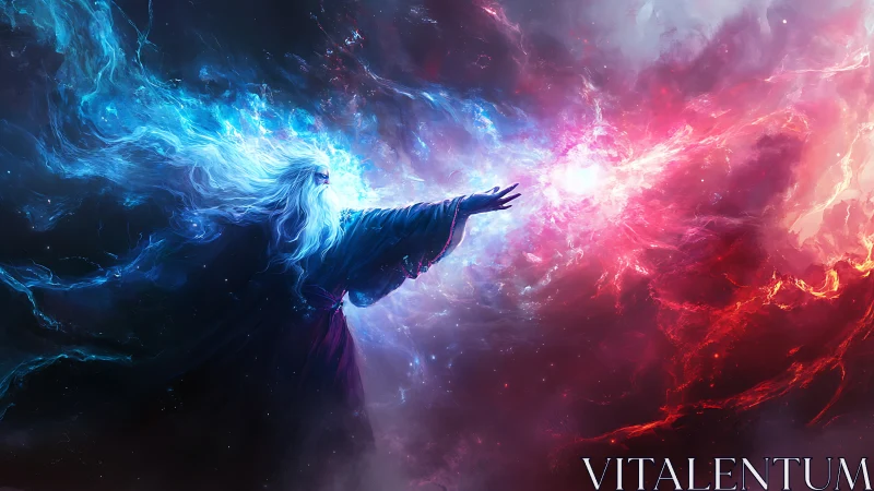 Wizard figure extends arm between blue and red nebulae