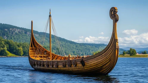 Dragon-prowed Viking longship drifting on bright fjord waters.
