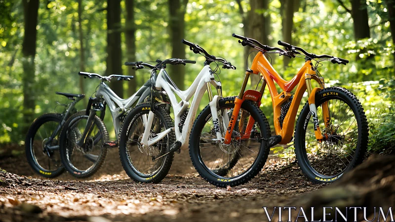 Four full-suspension trail mountain bikes aligned on forest singletrack