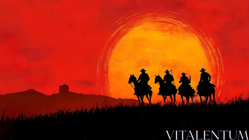 Cowboy silhouettes ride at sunset against red sky.