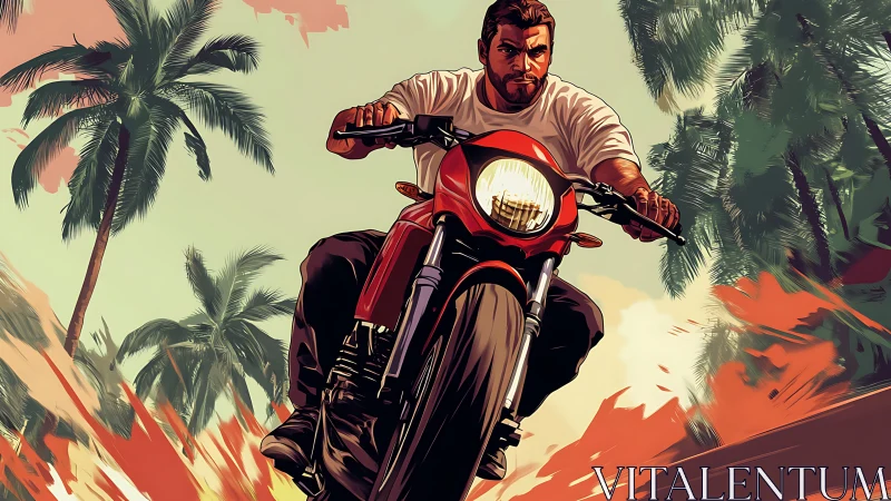 Motorcycle rider charges through tropical jungle road.