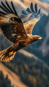 Golden eagle in sharp alpine glide over sunlit valley.