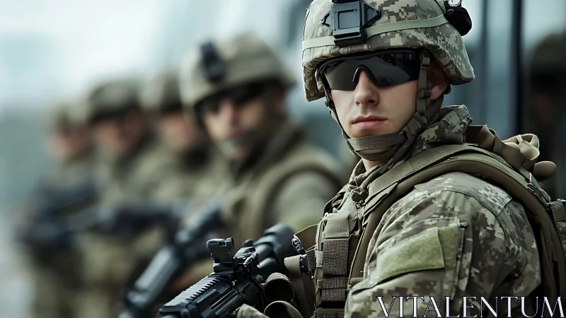 Modern infantry squad in tactical formation outdoors.