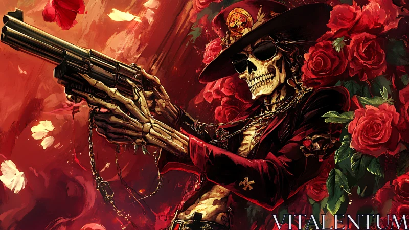 Skeletal gunslinger in crimson roses with baroque detailing.