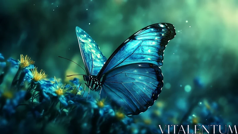 Midnight sapphire butterfly pausing in a dreamlit meadow.