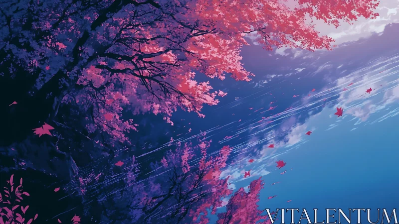 Crimson autumn leaves drift across a tranquil blue sky