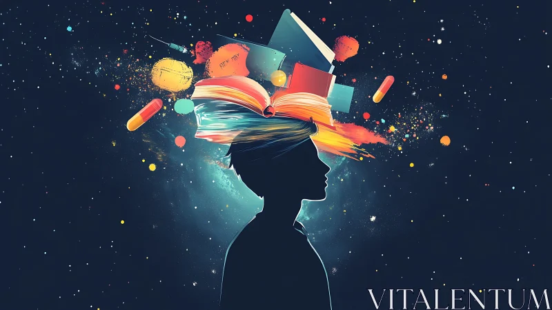 Curious mind opens like a colorful cosmos of books and ideas