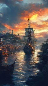 Tall ship traverses illuminated harbor channel at sunset