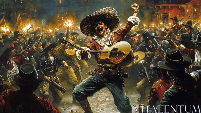 Revolutionary guitarist commands blazing night fiesta crowd.