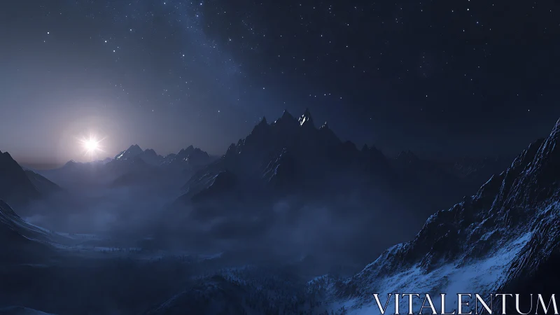 Nocturnal mountain range under distant rising light source.