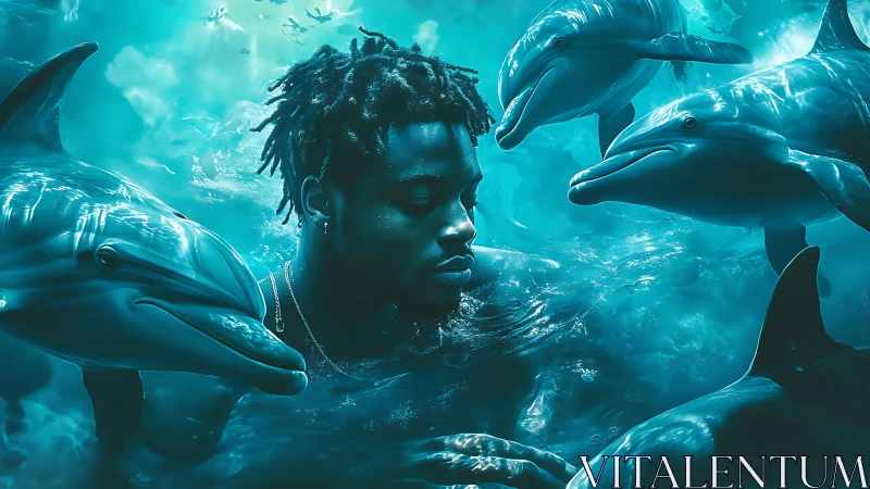 Young swimmer drifts among dolphins in luminous blue sea