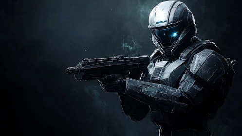 Armored sci fi soldier holding rifle in dark environment.