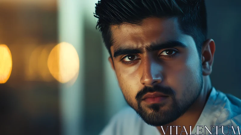 Photorealistic close-up male portrait with cinematic bokeh depth.