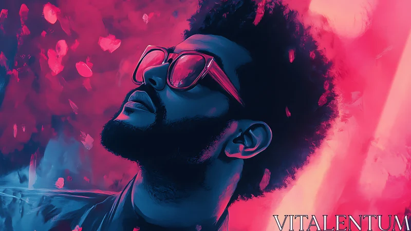 Neon bicolor portrait under polarized magenta cyan lighting.