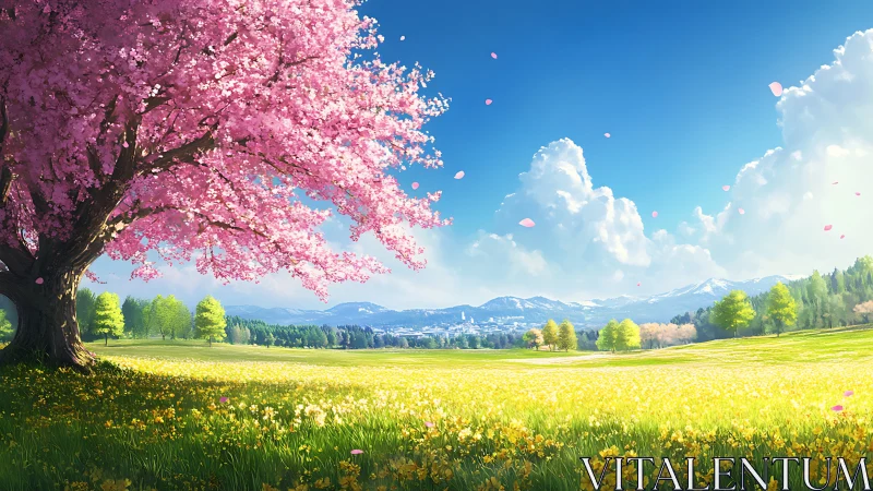 Cherry tree and distant town across broad spring meadow.