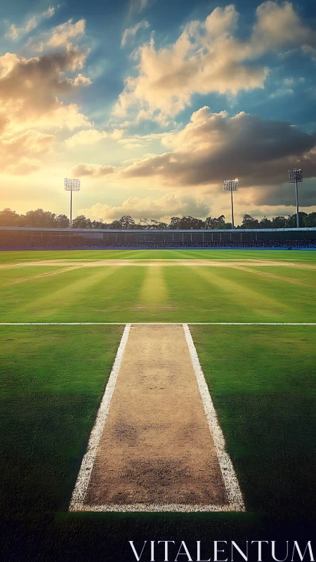 Sunlit cricket pitch waits quietly under a glowing sky