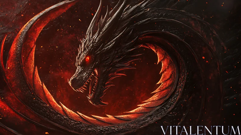 Coiled volcanic dragon rendered with high contrast rim lighting and ember glow