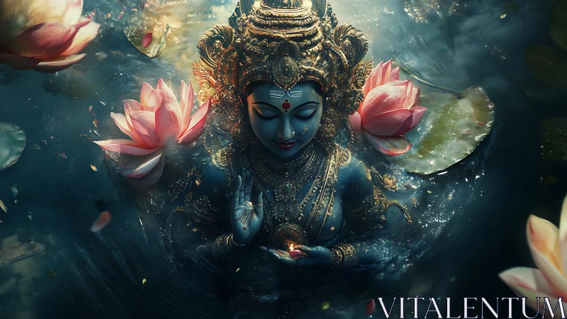 Glowing blue goddess rests amid lotus flowers and misty water