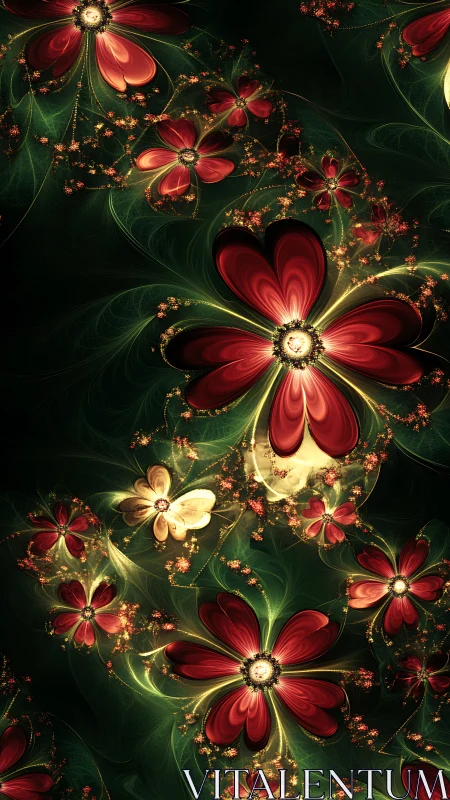 Midnight fractal garden of glowing crimson blossoms.