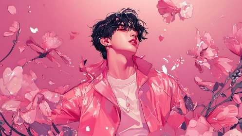 Stylized male portrait with pink blossoms and dynamic petals
