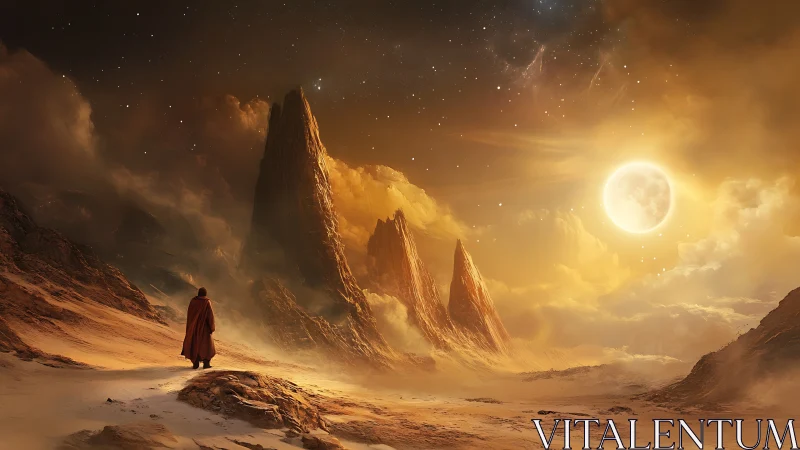 Solitary robed wanderer under blazing alien sunscape.