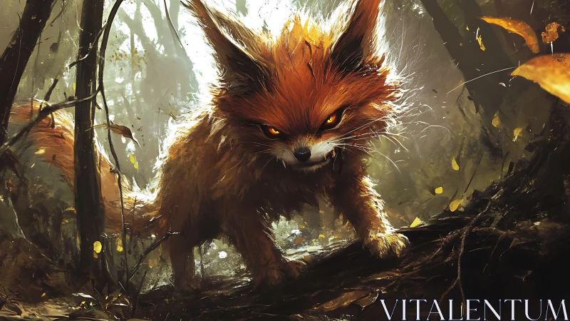 Ember-eyed forest fox prowls through painted shadowlight.