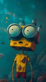 Surreal sponge robot explores deep teal ocean abyss.