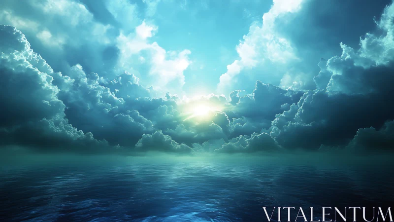 Sunlight penetrates dense cumuliform clouds above calm sea