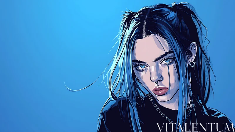 Chromatic portrait of blue-haired woman in vector shading.