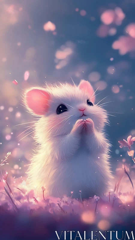Digital painting of fluffy mouse in pastel bokeh meadow.