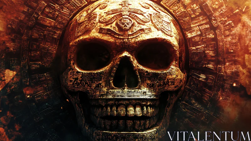 Ancient engraved skull under molten light with circular glyph halo.