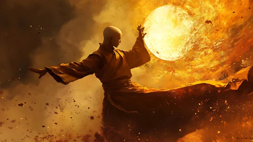Monk mage controlling incandescent solar fire vortex.
