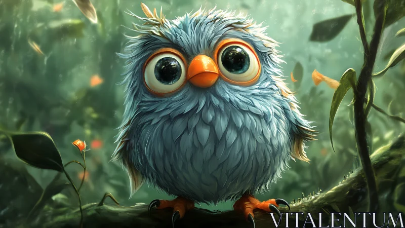 Whimsical blue fluffy bird with big eyes in magical forest scene.