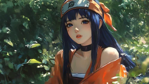 Anime girl with headband sits in sunlit forest clearing