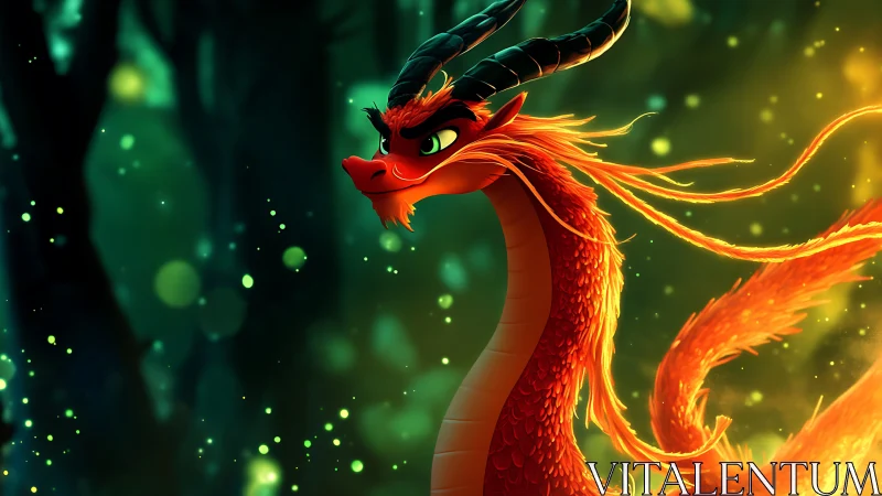 Fiery red dragon with horns in glowing enchanted forest.