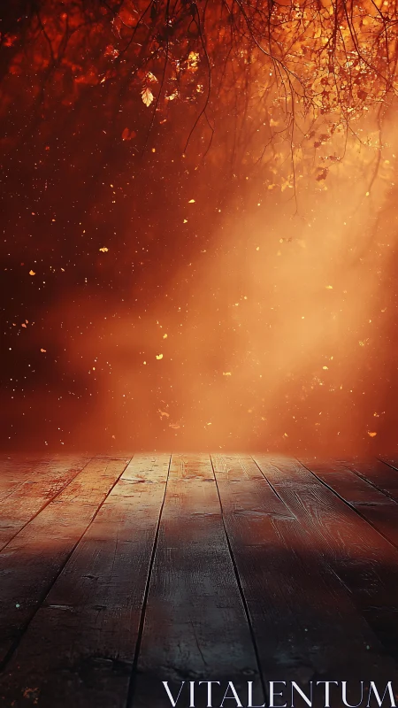 Autumn's Fiery Descent: Glowing Foliage Above Weathered Wood.