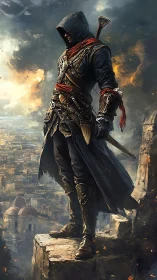Hooded rogue overlooking burning citadel at dusk.