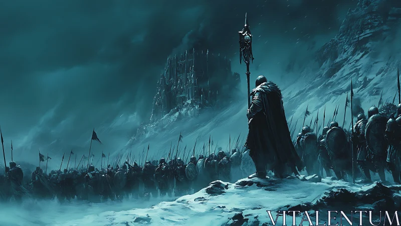 Armored infantry advance through snowy pass toward distant fortress