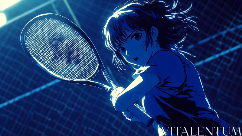 Neon-lit anime tennis duel frozen in electric blue focus.