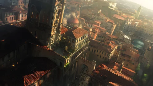 Sunlit rooftops drift through a dream of old riverside stone