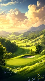 Sunlit fairway kingdom under towering storybook clouds.