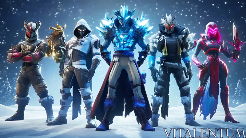 Armored sci fi squad stands on snowy battlefield at night