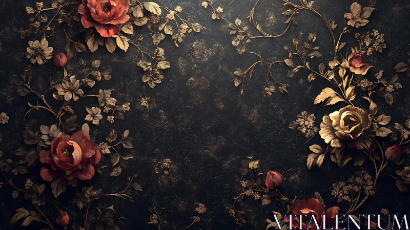 Vintage florals bloom across aged dark canvas in romantic botanical composition.
